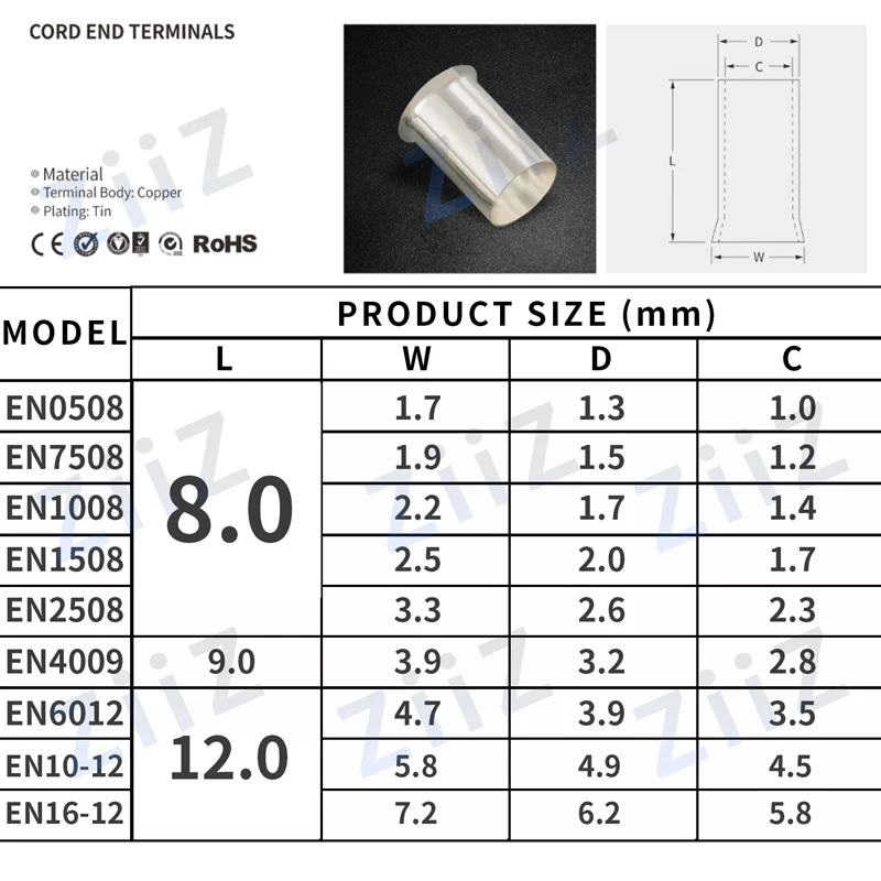 100PCS EN Wire Connector Ferrules Electrical Cable Terminal Copper Bare Tinned Crimp Terminal 0.5mm2-16mm2 AWG 22-10 ZiiZ