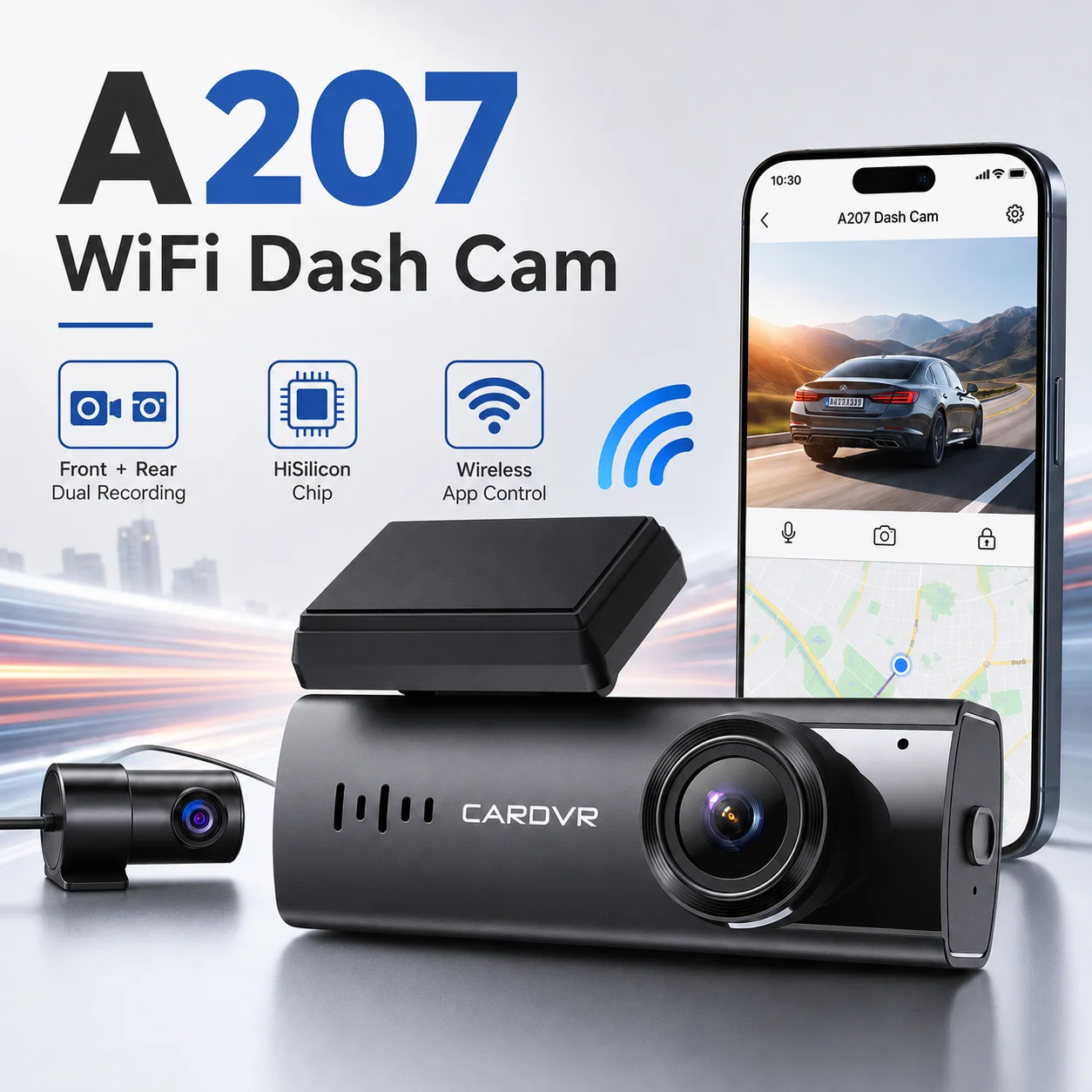 A207 WiFi Dash Cam With Front And Rear Dual Recording, App Control, WDR, Loop Recording, Parking Monitor And Night Vision