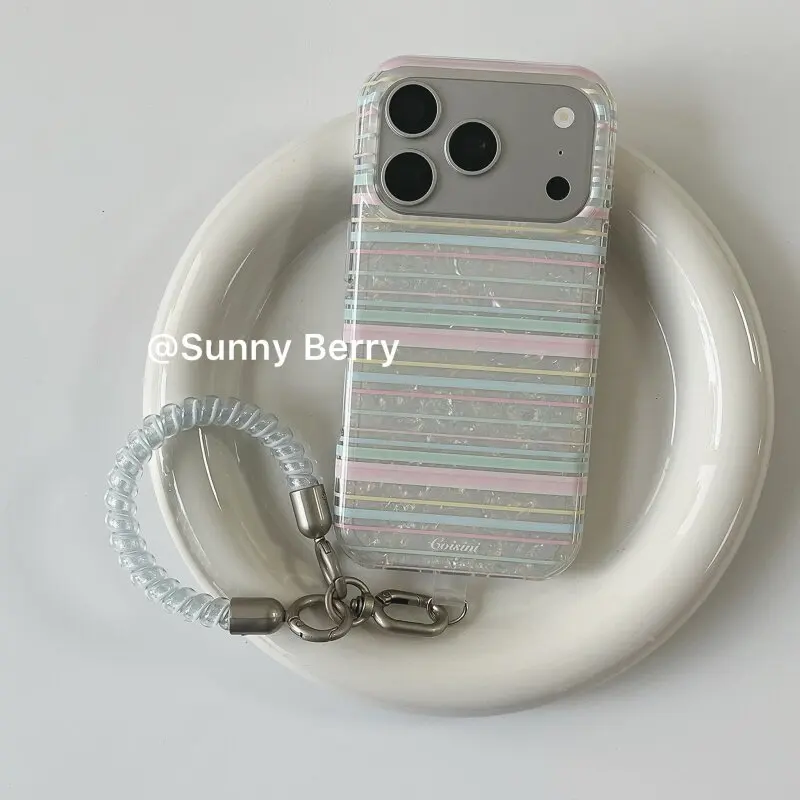 Korean Ins Colorful Stripe Summer Shell Phone Case For iPhone 18 17 16 E 15 14 13 12 11 Pro XR XSMax 7 8 Plus Mini Y2K Cover