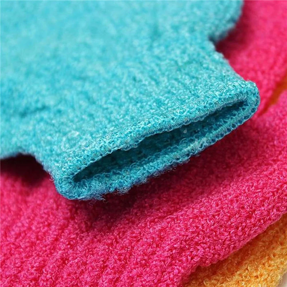 حمام الجسم دش قفازات التقشير لون عشوائي ألياف الاكريليك دائم إزالة خلايا الجلد الميت تحفيز الدورة الدموية