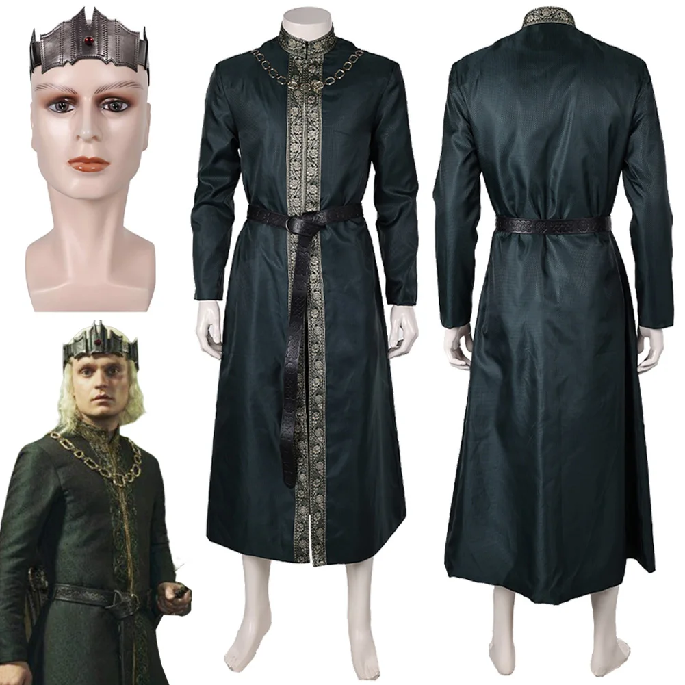 Costume de Cosplay King Aegon pour Homme, Tenue Vert Foncé, Longue Robe, Ensemble Ceinture, Déguisement de Dragon, Couronne, Maison de Télévision, Halloween