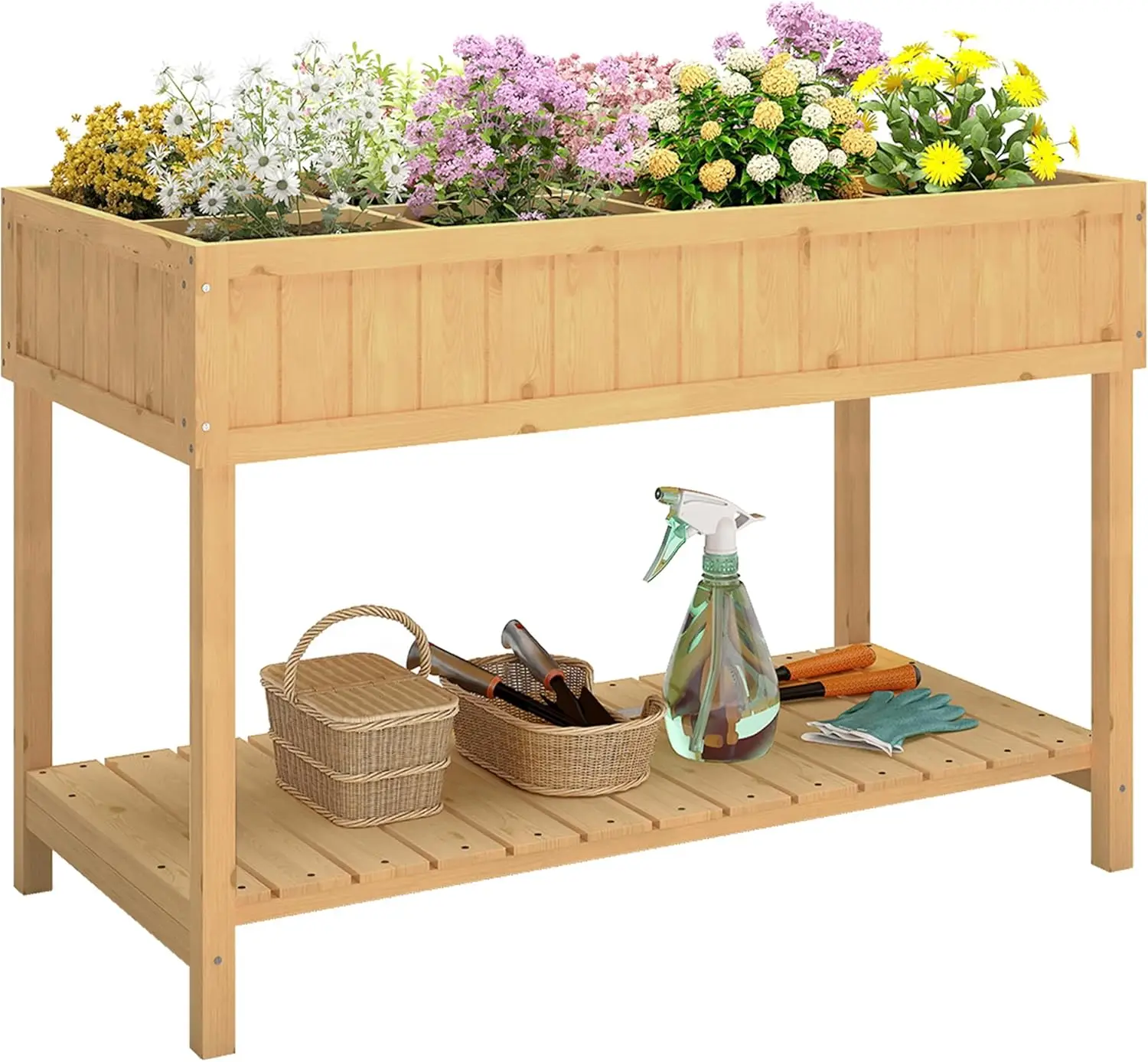 

Raised Garden Bed with 8 Pockets and Shelf, Wooden Elevated Planter Box for Herbs, Vegetables, Flowers, Natural