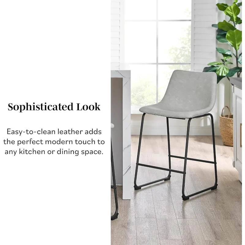 Juego de 2 taburetes de bar de piel sintética gris, taburetes de bar sin brazos de estilo industrial de 24 pulgadas, taburetes de comedor de bar de cocina