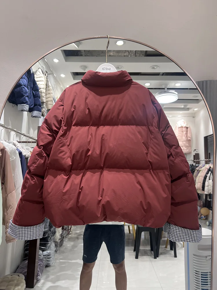 韓国版スタンドカラー拼接格子柄シングルブレストダウンジャケット レディース 2025年新作 ホワイトダックダウンコート