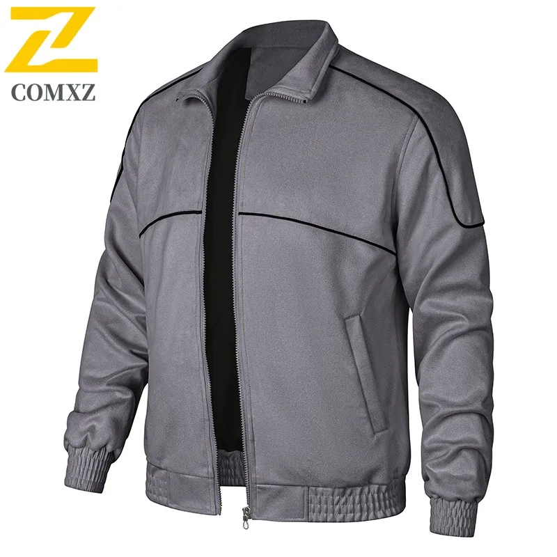 

COMXZ 2025 Мужская винтажная замшевая эластичная куртка больших размеров, двусторонняя повседневная модная молодежная куртка с лямками