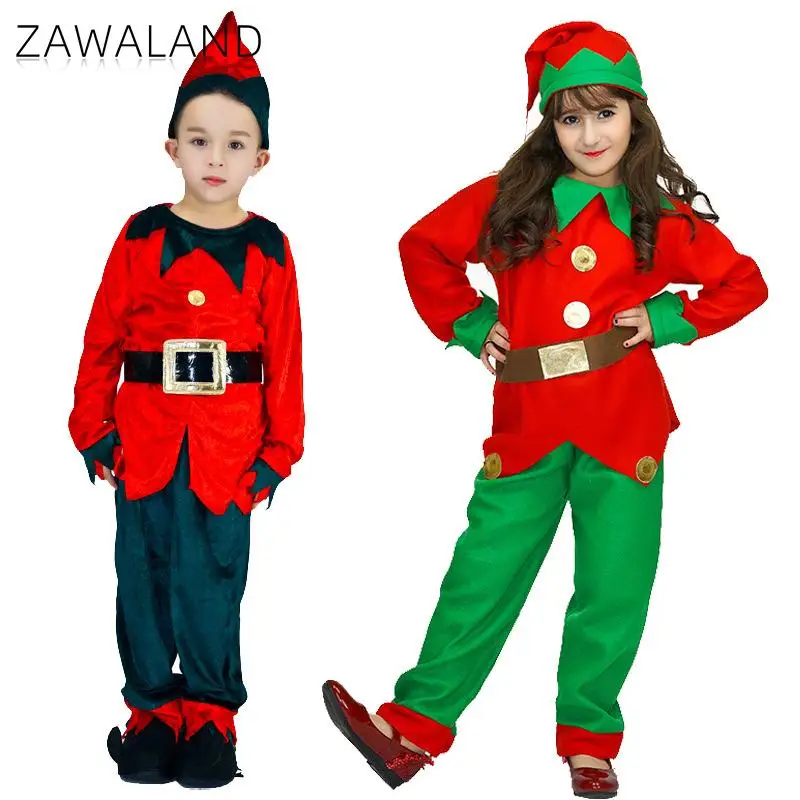 Zawaland Kids Christmas Costume Boys Girls Elf Cosplay Set Holiday Party Gift Carnival Clothes with Hat Children Top Pants Suit