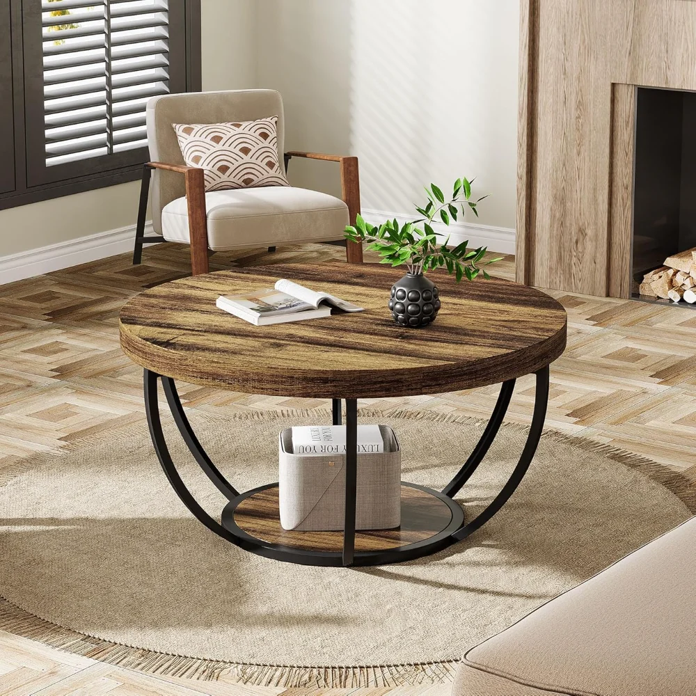 Round Coffee Table, 31.7" Wooden 2-Tier Circle Coffee Table, Modern Accent Cocktail Table Center Table for Living Room