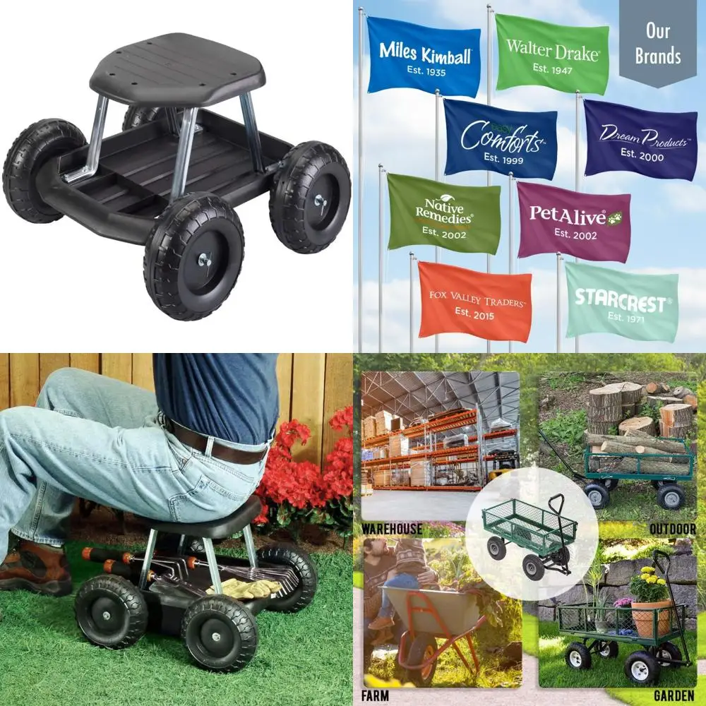 

Black Rolling Garden Cart with Seat and Storage Tray for Utility Tools
