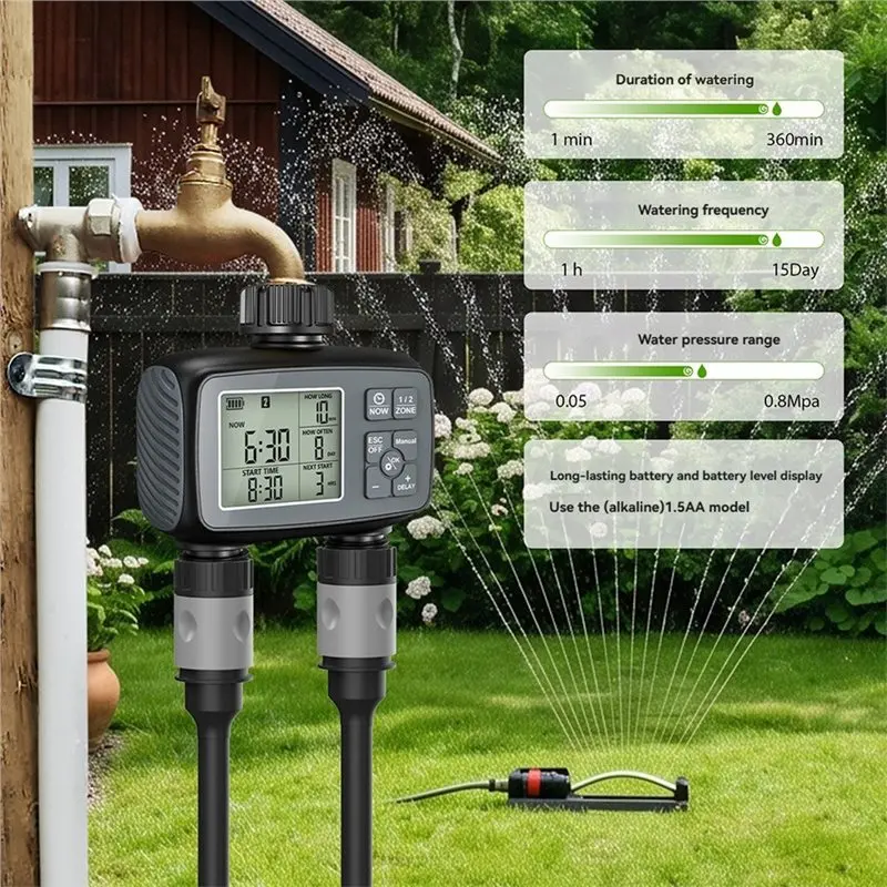ABZL Programmable Water Timer 2 Zone Sprinkler Timer For Garden Hose Automatic Drip Irrigation Function US Watering Timer