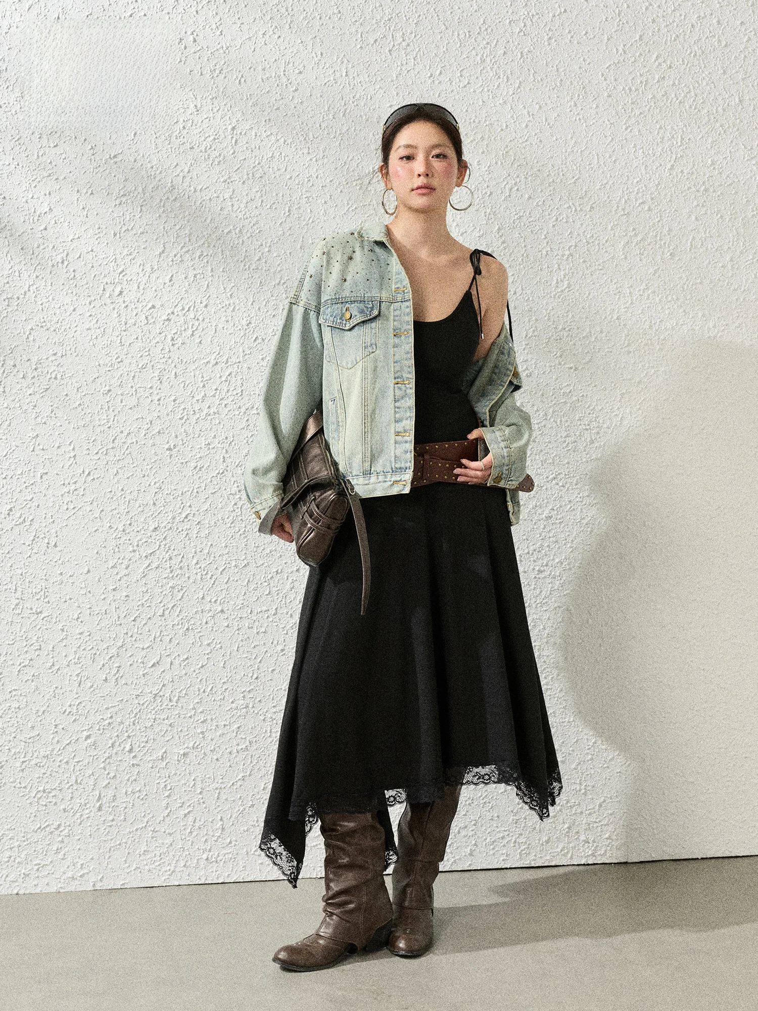 

plus Size Women's Vintage Denim Jaet Lace Trim Bla Strap Dr Set Zhang Da Adult Faion Casual High Waist Long Sve