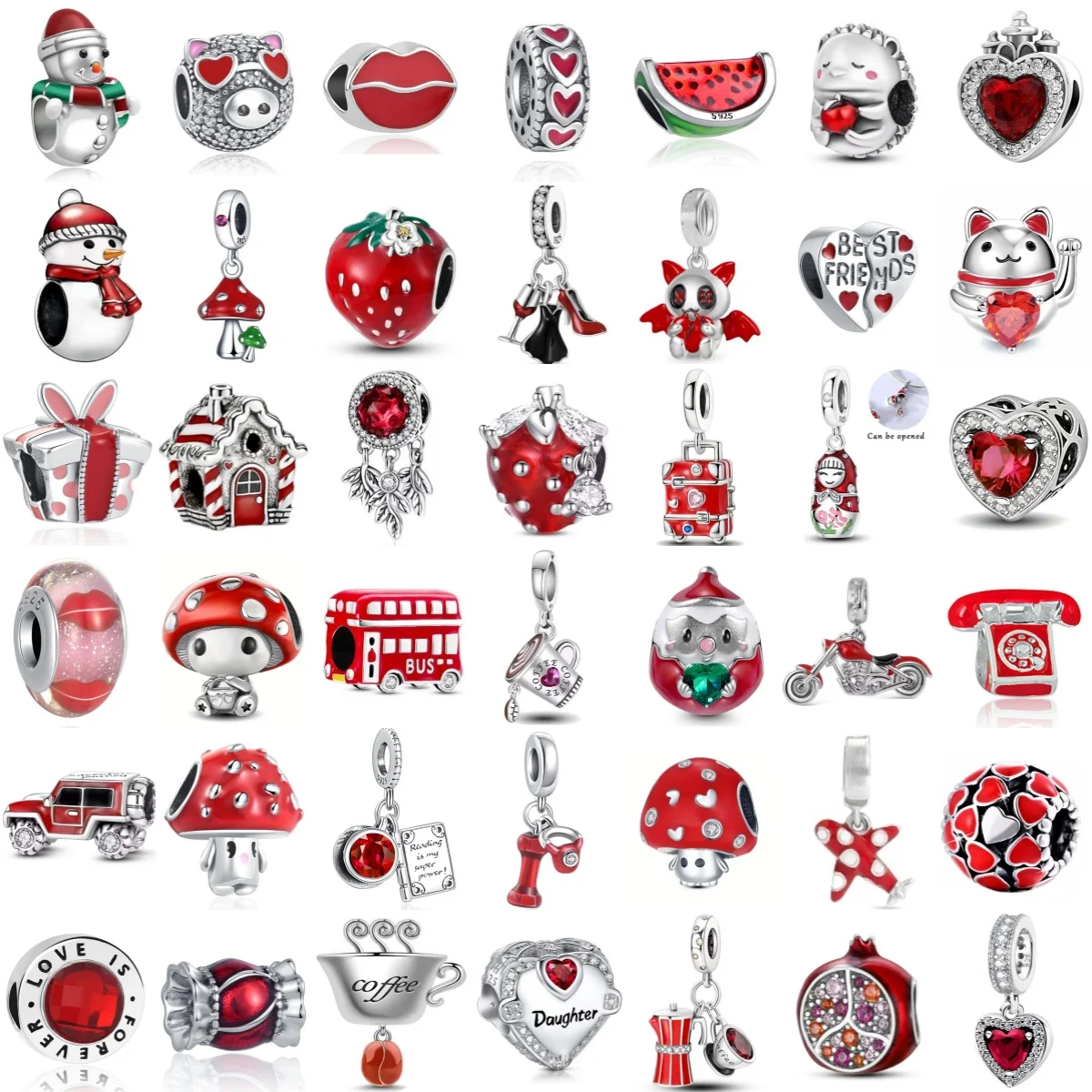 Authentic 925 Sterling Silver Red Series Mushroom Doll Pig Charm Beads fit Bracelets Necklace Women Christmas Halloween DIY Gift