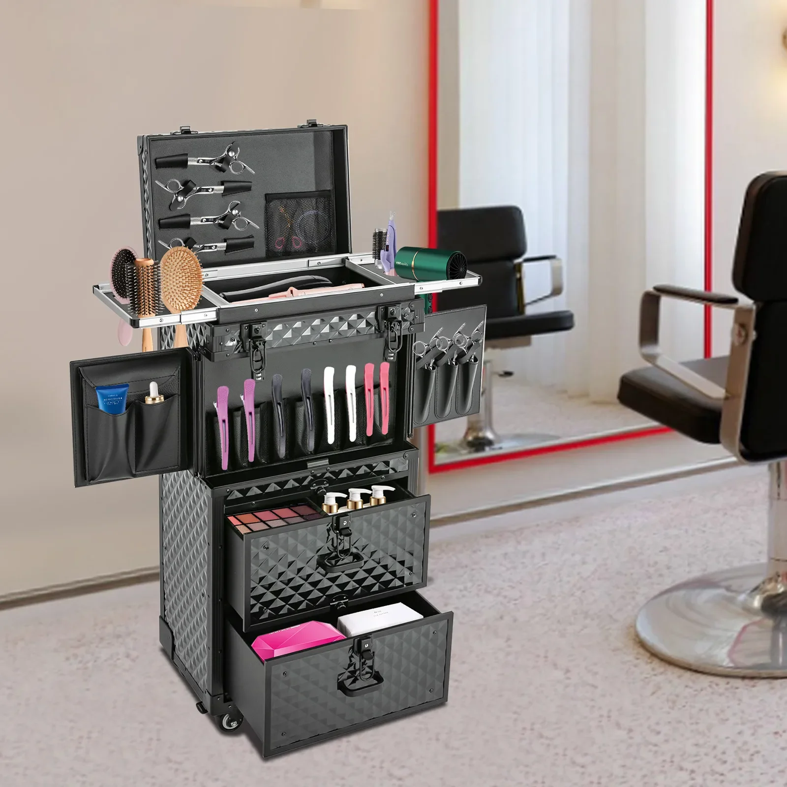 Custodia per trucco con serratura e rotelle, custodia da viaggio per parrucchiere con ruote, custodia per cosmetologia, carrello da viaggio per parrucchiere