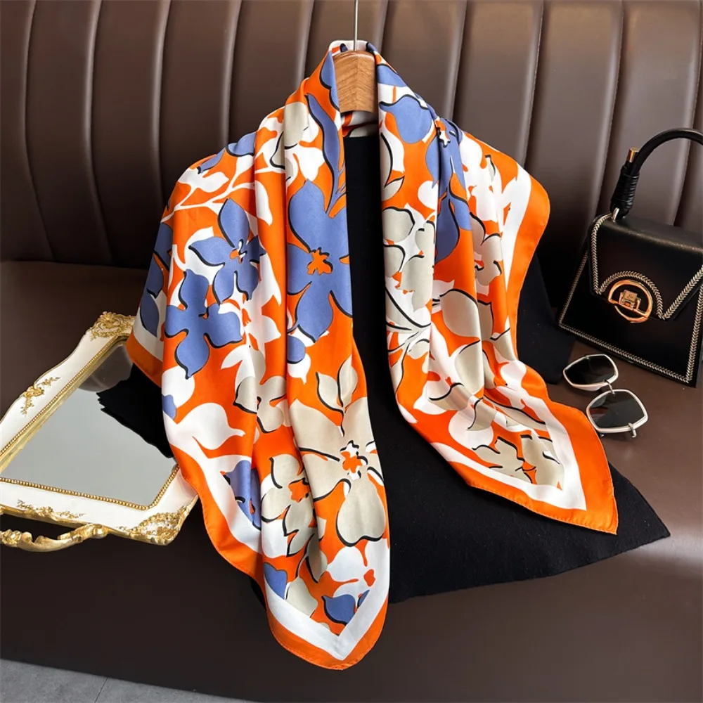 

90CM New Design Floral Silk Scarf Elegant Soft Women's Scarf Luxury Square Women Shawl Headkerchief