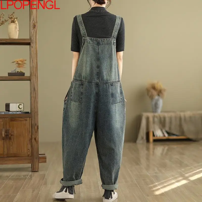 Vintage Jeans Women\'s Autumn Loose Print Versatile Patchwork Washed Denim Overalls Oversized Straight-leg Streetwear Jumpsuit