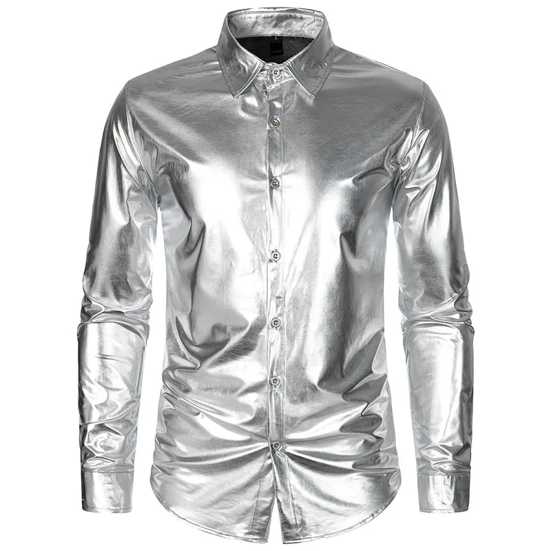 Herren Glänzendes Metallic Langarm-Hemd Einfarbiges Revers-Kragen Knopfleiste Slim Fit Glänzendes Club-Nacht-Party-Bühnen-Performance-Hemd – Detail 5