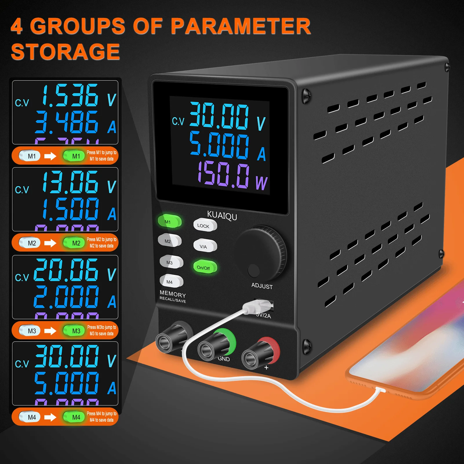 KUAIQU 4-Memory Lab Adjustable Power Supply 300V 1A 30V 10A DC Power Source LOCK V/A ON/OFF Programmable Voltage Stabilizing