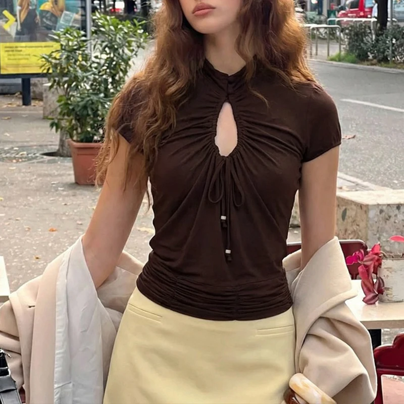 

OMSJ Elegant Sexy 2026 Drawstring Shirring Pleated Hollow Skinny Solid Color Female Pullover Tees Top Casual Daily Retro Y2K Top