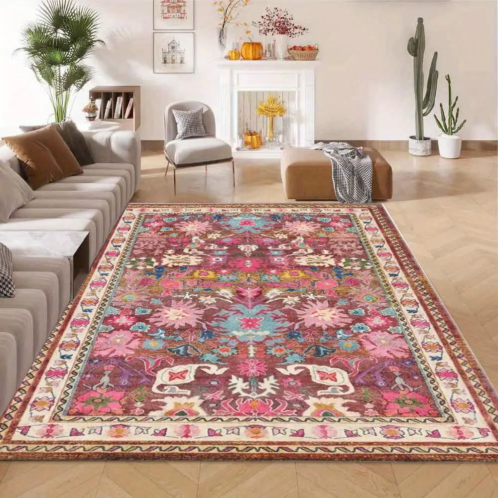 Colorful Retro Floral Pattern Carpet, Non-Slip Washable Soft Carpet, Suitable for Living Room, Bedroom, Home Decoration