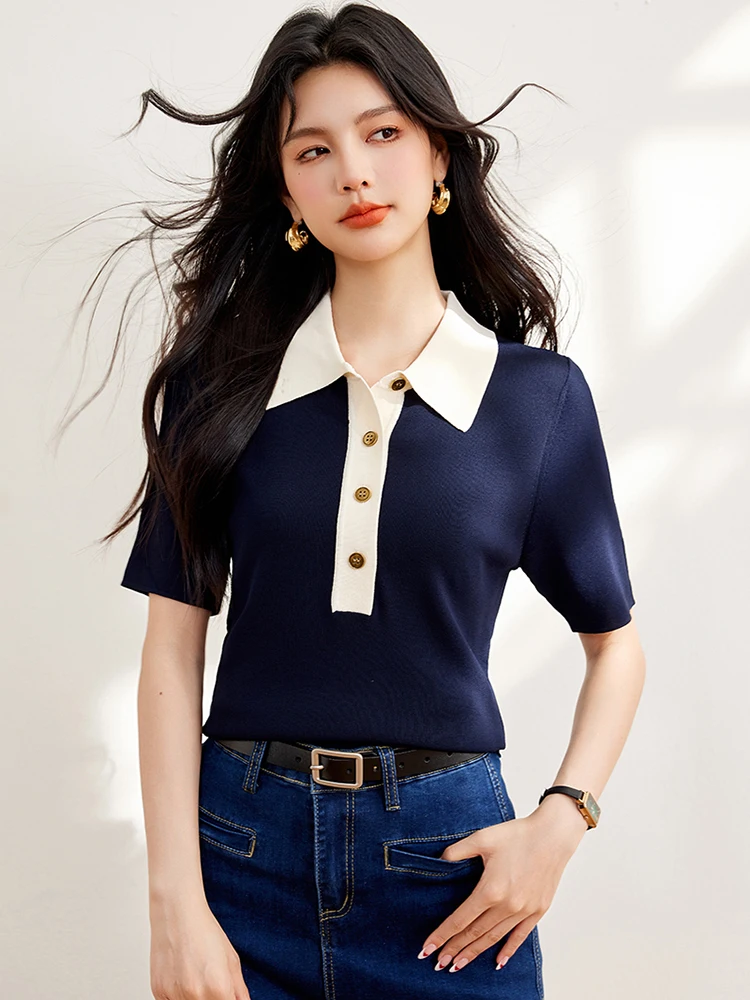 Women\'s Lapel Top 2024 Summer New Button Short Sleeve Pullover T-shirt Casual Versatile Thin Knitted Tops Temperament Commuting