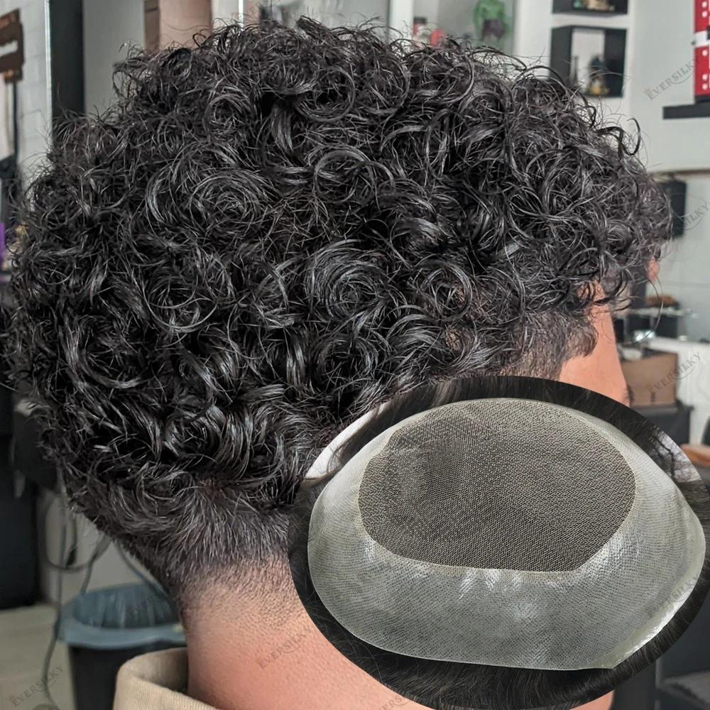 Virgin Human Hair 18mm Curly Ventilate Lace&PU Men's Toupee 100% Human Hair Cheap New Australian 20mm Curly Prosthess for Bald