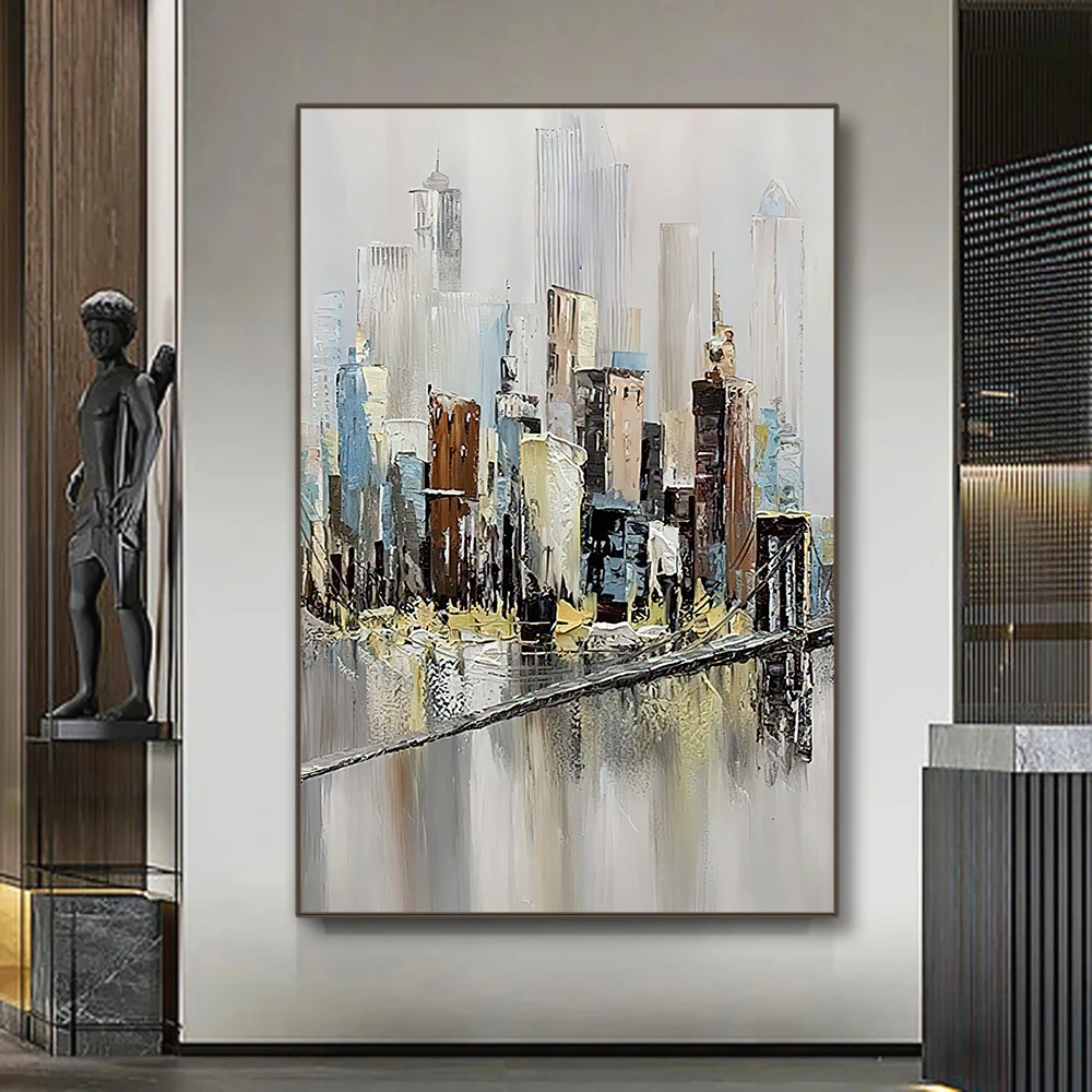 

100% Hand Painted Urban View Oil Painting Modern Canvas Wall Art Handmade Abstract City Landscape Oil Painting For Home Decor