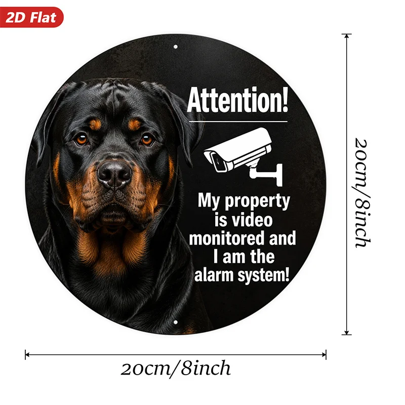 2D Flat, 1pc Rottweiler Alert Round Metal Sign Wall Art, Black And Tan Dog Portrait, Security Camera Icon, Attention Warning Tex