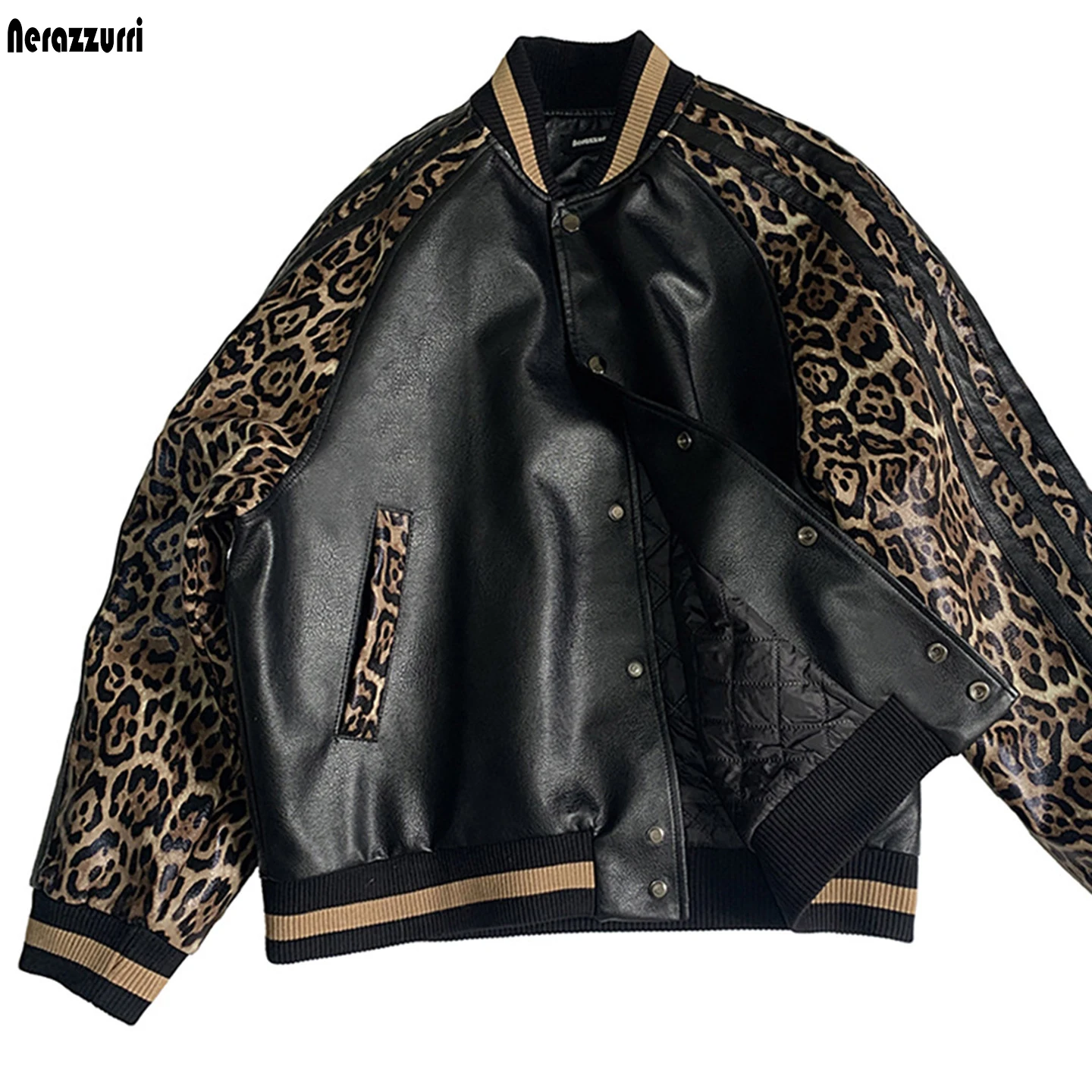 Nerazzurri Autumn Short Warm Quilted Leopard Print Patchwork Black Pu Leather Bomber Jacket Men Zipper Baseball Menswear Clothes