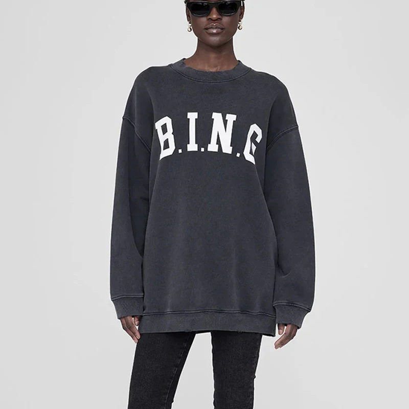 

Autumn and winter North American niche AB front letter BING print washed water stir fried color hole loose women's hoodie