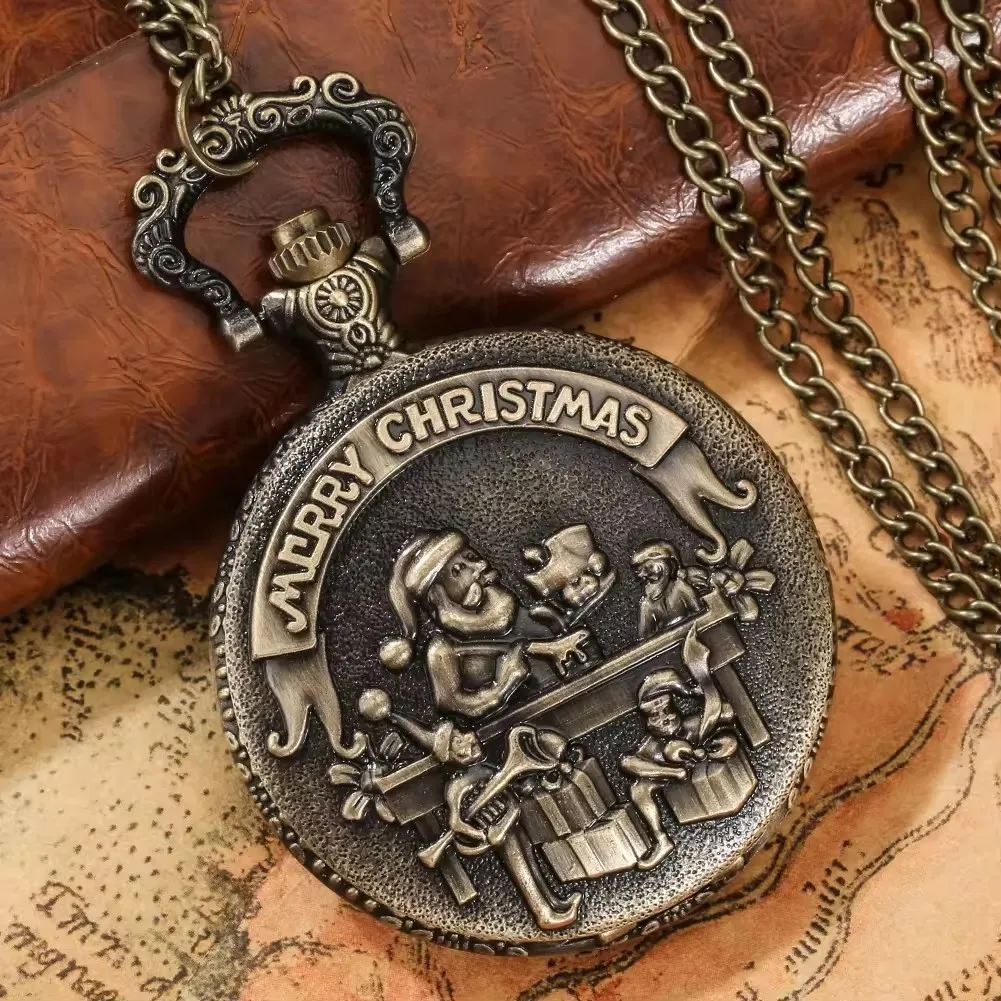 Orologio da tasca Vintage in bronzo al quarzo da uomo e da donna con ciondolo a forma di babbo natale orologio regalo di natale