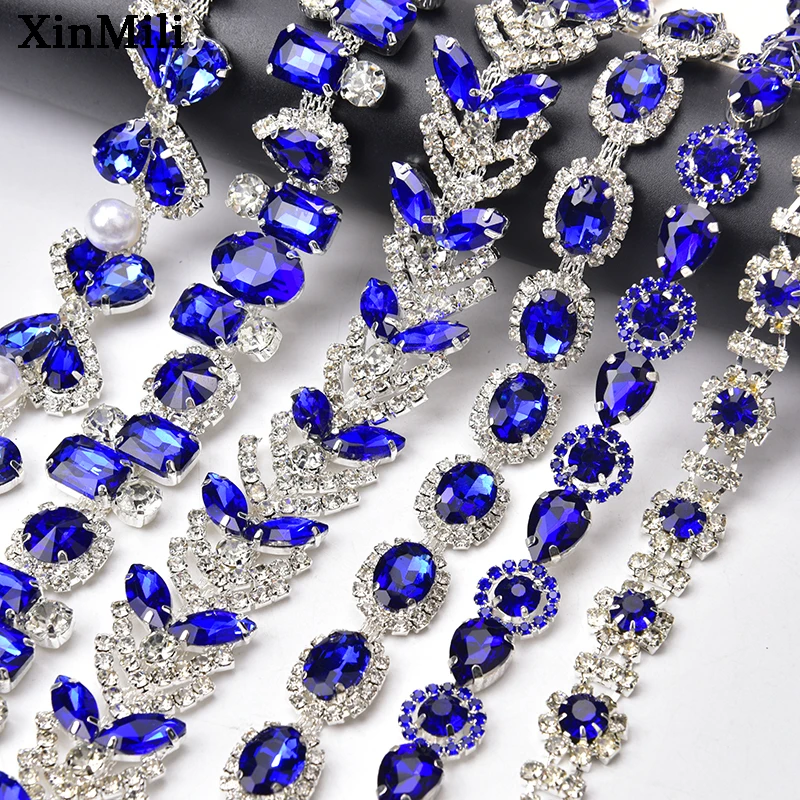 1 Yard Sapphire Leaf Rhinestone Trim Flower Crystal Metal Chain Sew on Women Dress Clothing Shoes Ornament Accessories