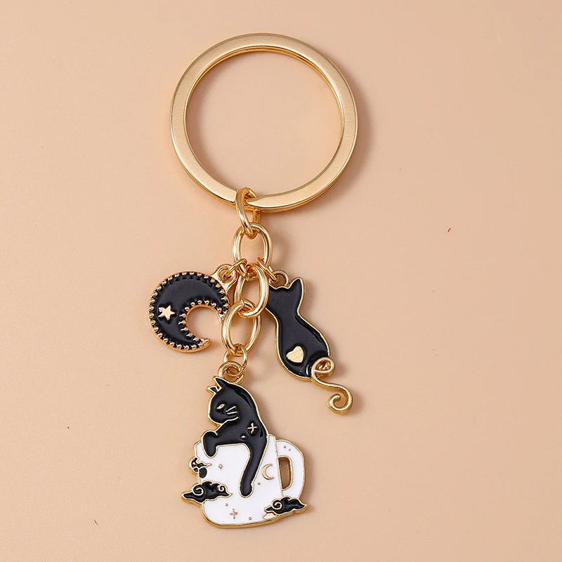Cute Enamel Cartoon Cat Keychain Animal Key Ring for Women Girl Handbag Pendant DIY Handmade Jewelry Gift