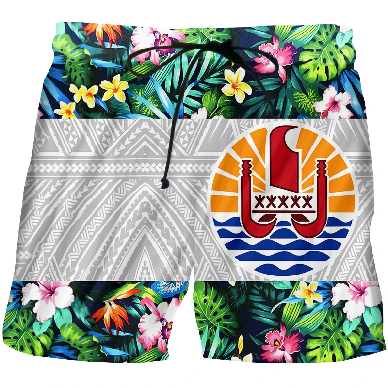 Summer Men Beach Shorts Tahiti Weed Flower 3D Print Fashion Men\'s Boardshorts Fitness Trousers Plus Size 4XL Quick Dry Custom