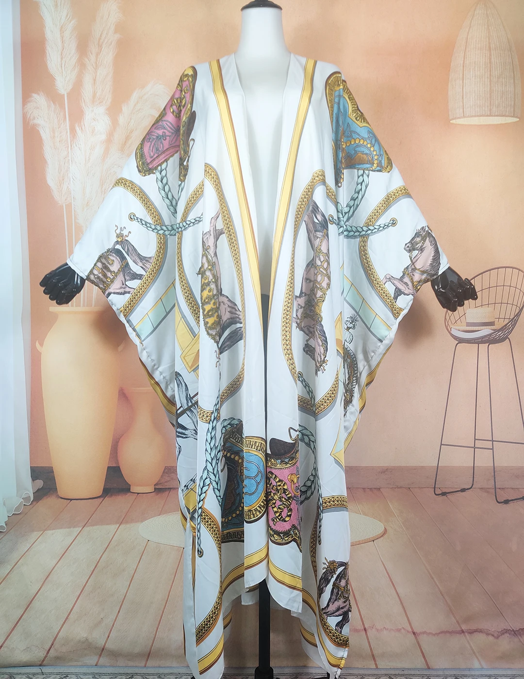 2023 Europe New Fashion Summer Boho Silk Printed Sexy Lady Beach Bikini Cover Up Plus Size African Designer Open Front  Kimonos