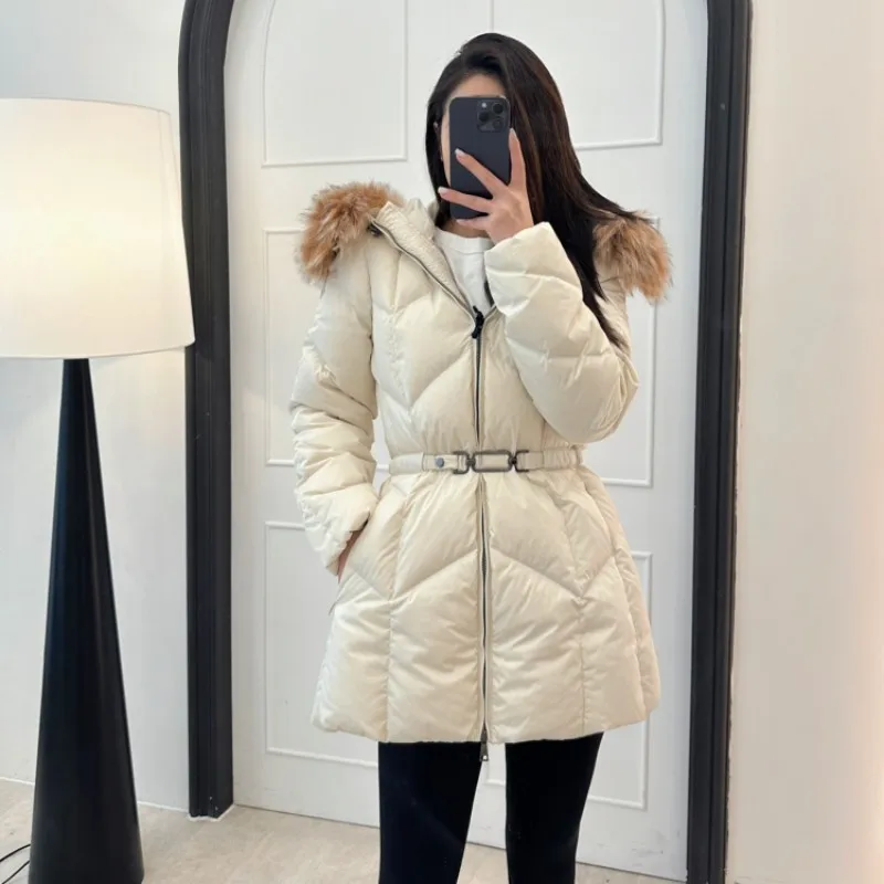 Autumn and winter female Fox fur collar hooded Down jacket Y2K Casual jacket Slim-fit belt warm Fashion clothing movement coat