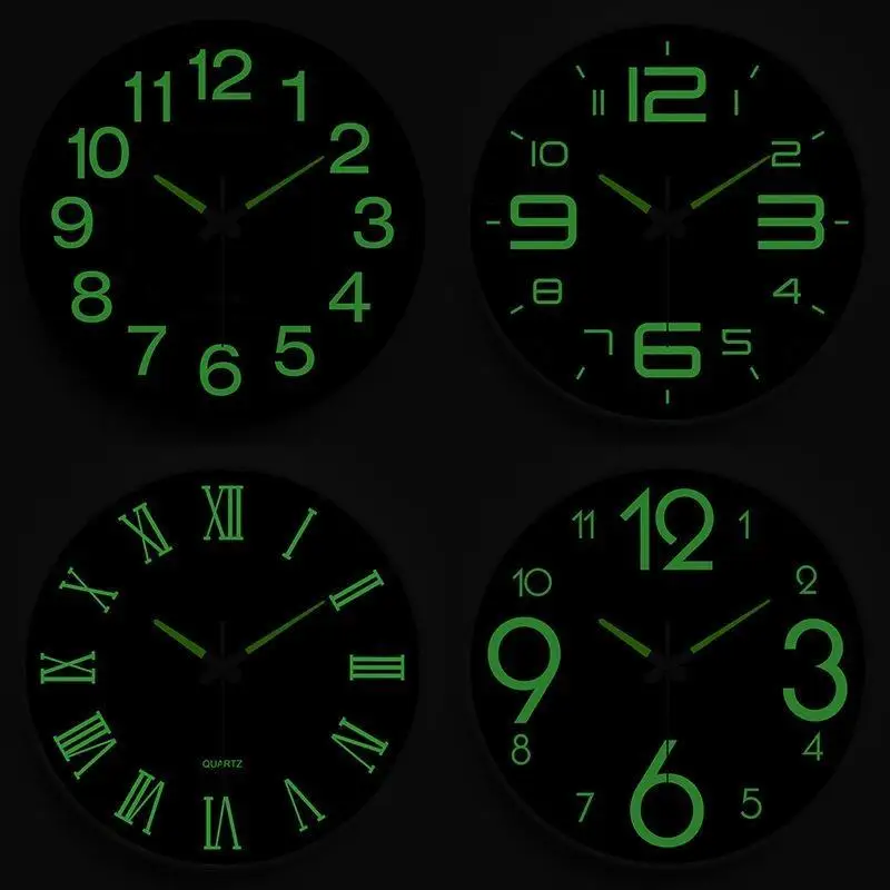 12 Inch Luminous Quartz Wall Clock Silent Non Ticking Movement Glow In Dark Numerals For Home Bedroom Living Room Office Decor