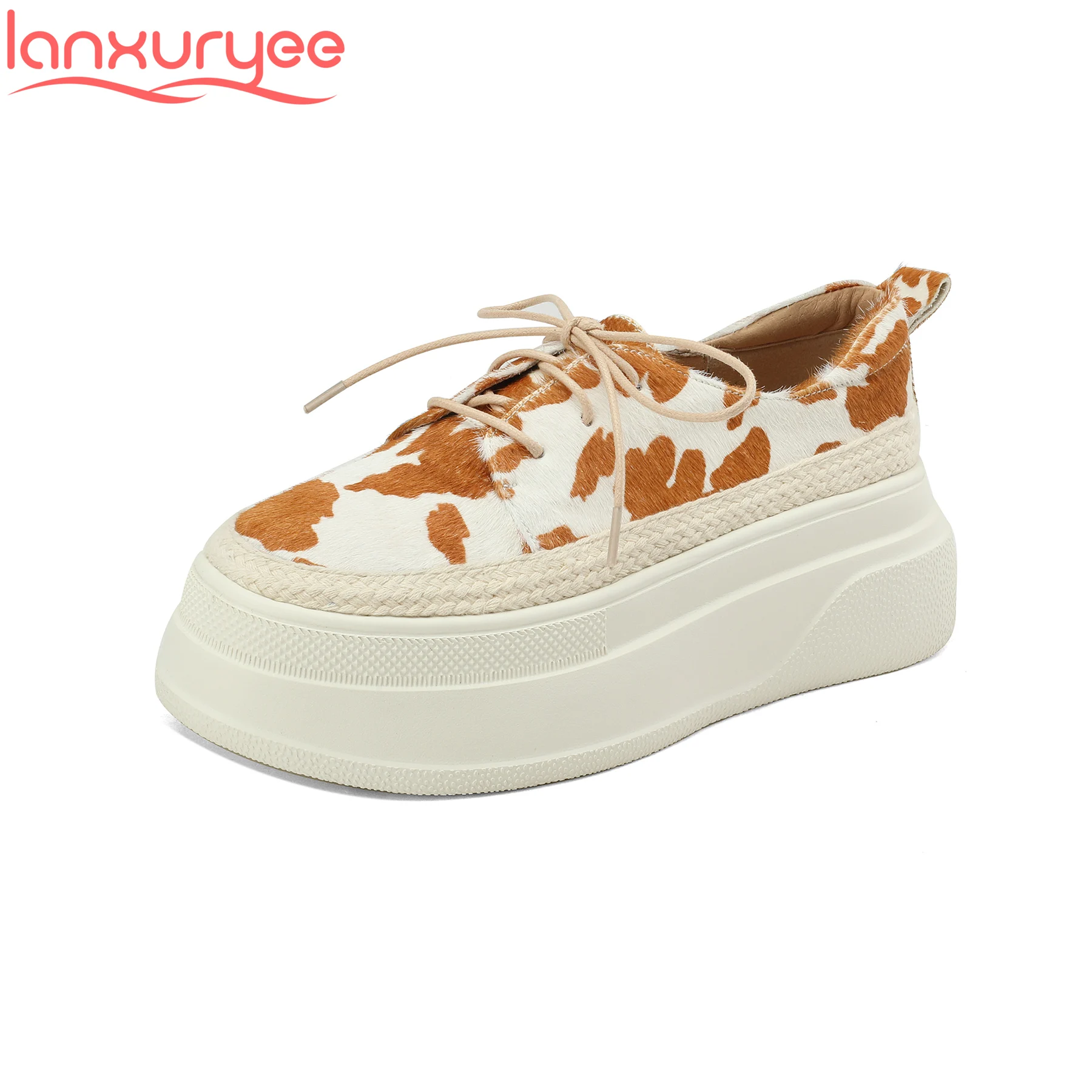 

Lanxuryee 2024 Horsehair Leopard Print High Heel Lace Up Round Toe Spring Women Vulcanized Shoes Casual Platform Luxury Sneakers