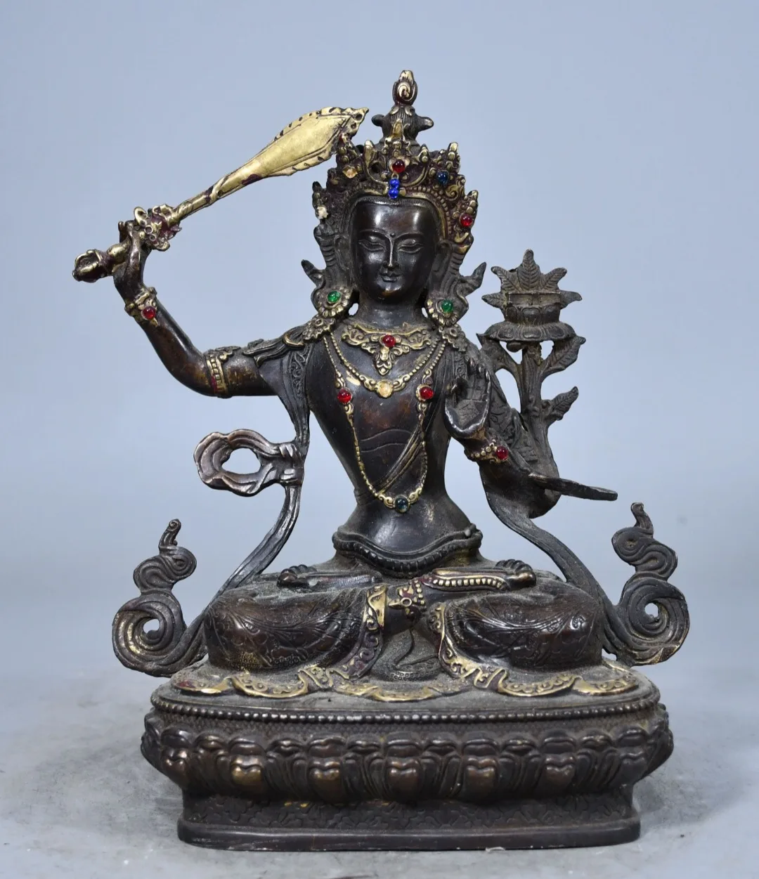 Tibetan brass antique gilt inlaid with gemstones, sword lifted, Manjushri, Guanyin Bodhisattva, Tara Buddha statue ornament, hom