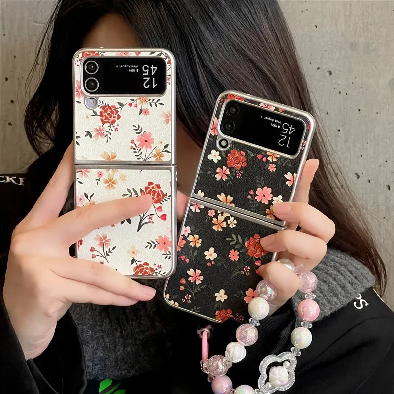 Чехол для Samsung Galaxy Z Flip 3 4 5, Z Flip5 ZFlip5 Ins, браслет с цветочным принтом и гальваническим покрытием из овечьей кожи, противоударный чехол