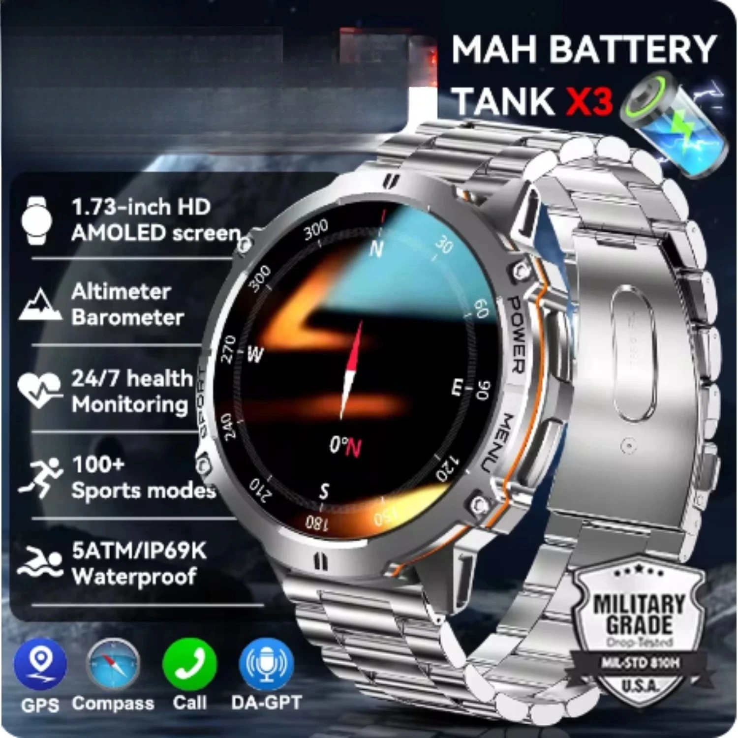 

Новые смарт-часы 2026 года с аккумулятором 1000 мАч, AMOLED-экраном, водонепроницаемостью 10ATM, компасом, альтиметром, военные T-Rex3 для мужчин