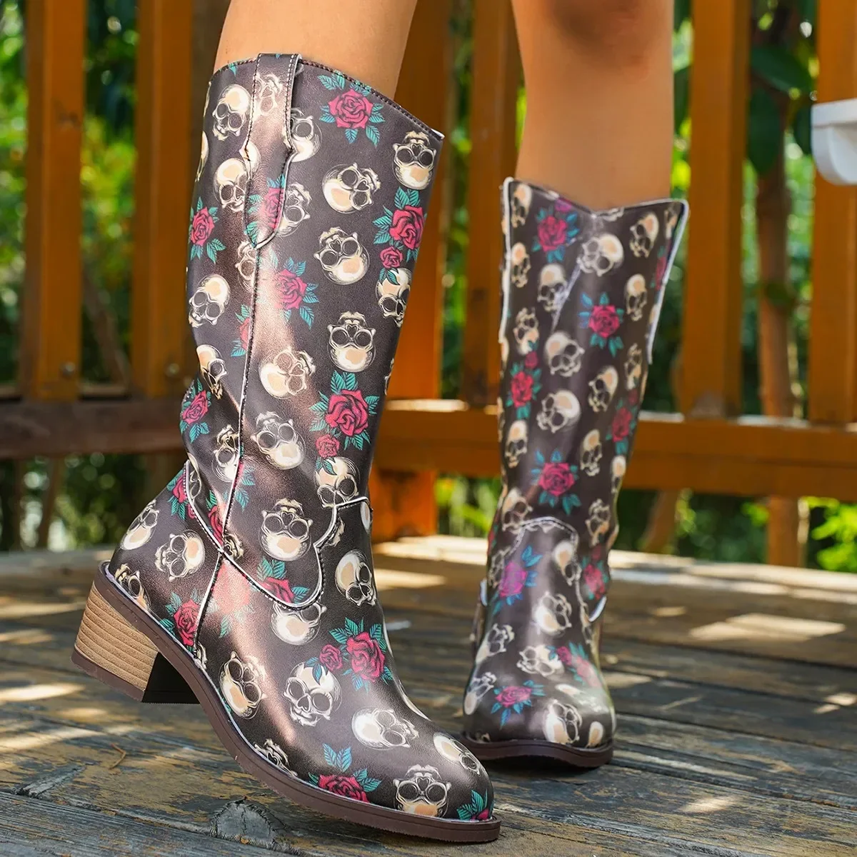 

Сапоги до середины икры с принтом на Хэллоуин, женские сапоги до середины икры в стиле панк с принтом черепа и розы, женские сапоги без шнуровки на толстом каблуке из искусственной кожи 43