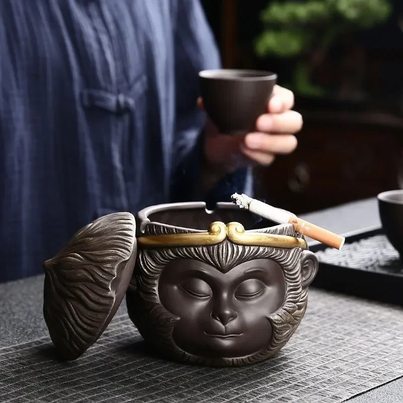 Purple Sand with Cover Fly Ash Ashtray Wukong Tabletop Decoration New Chinese Home Retro Living Room Decoration Ashtray