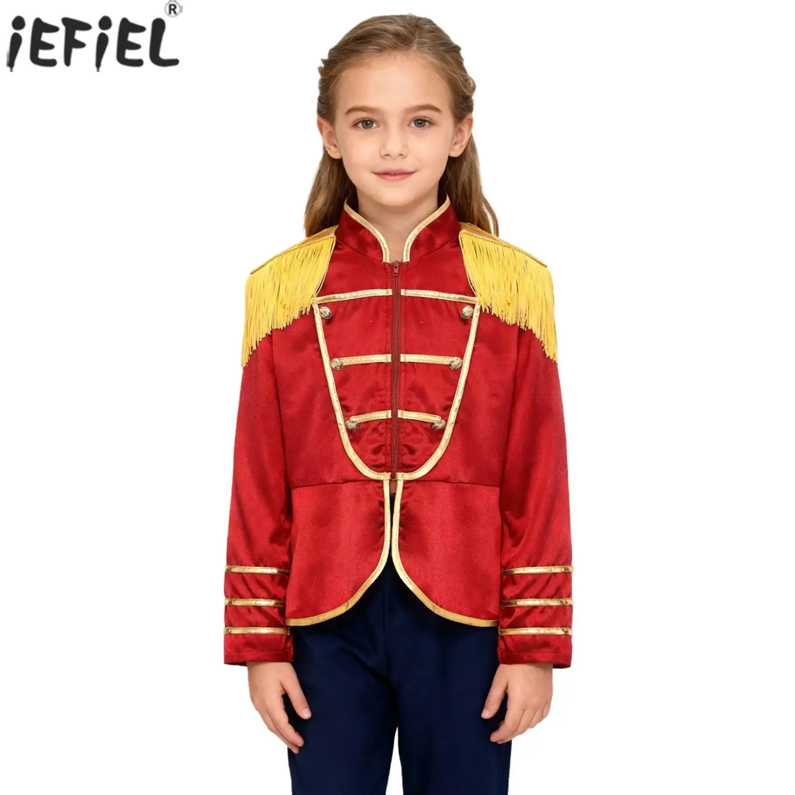 Kids Boy Girls Retro Hippie Rock Band Drum Major Costume Long Sleeve Tassel Jacket Carnival Party Circus Honor Guard Parade Coat