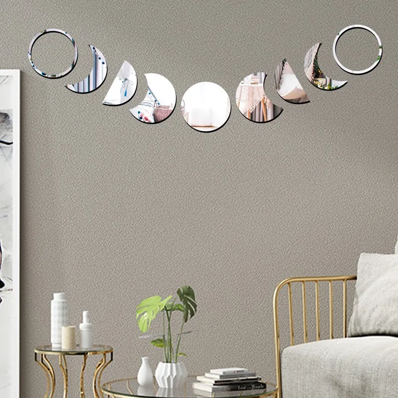 9pcs/set Acrylic Moon Shaped Mirror Wall Stickers Moon Cycle Change Lunar Eclipse Decorative Wall Mirror Art Home Decoration