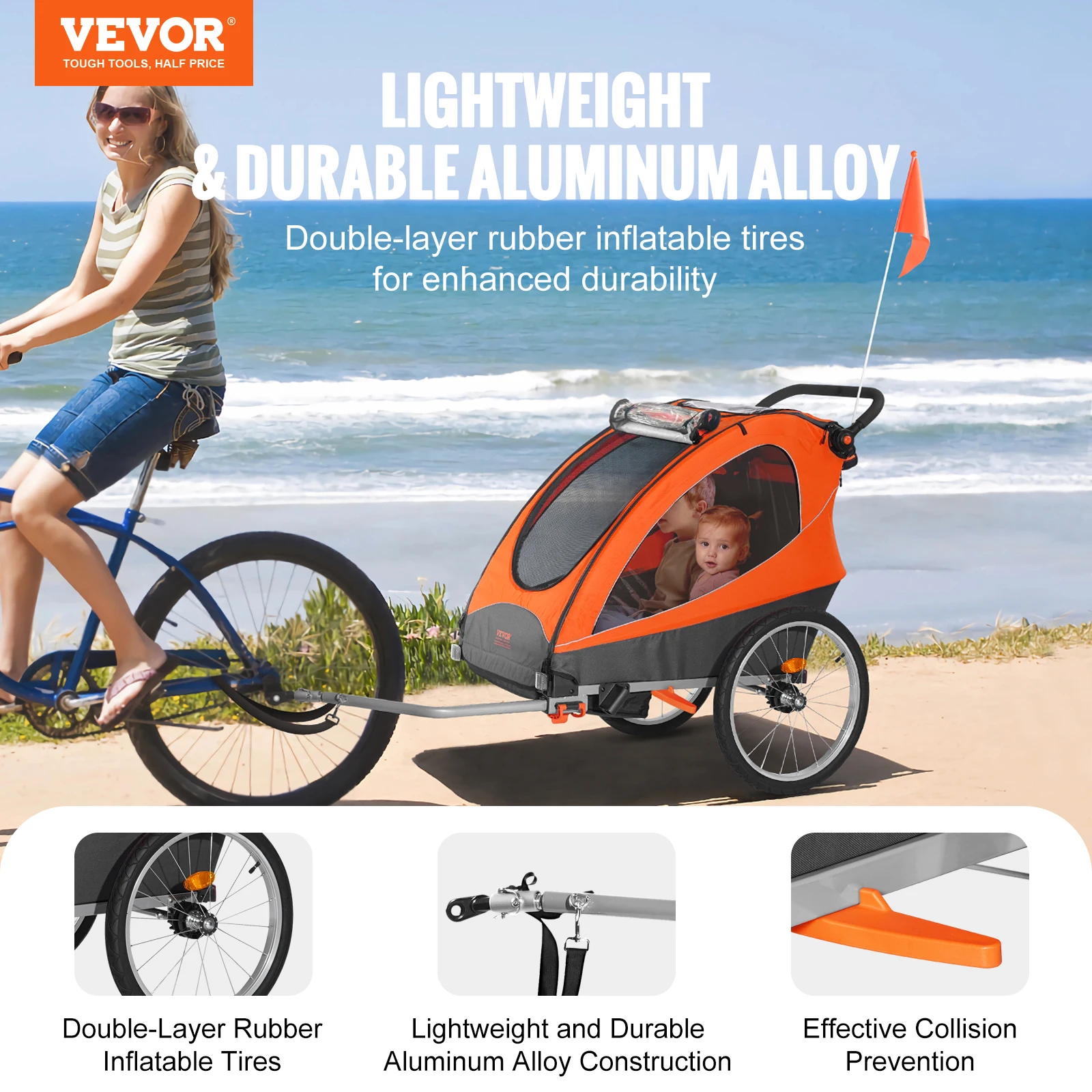 VEVOR Bike Trailer for Toddlers Kids Double Seat 100 lbs Load Tow Behind Foldable Child Bicycle Trailer with Bicycle Coupler