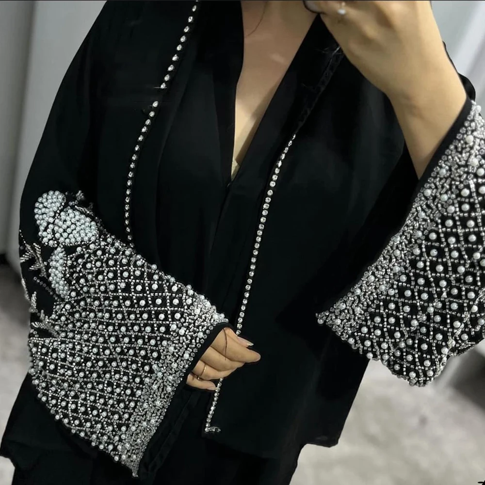 Modest Eid Dubai Abaya Spring Summer Women Muslim Dress Turkey Maroc Elegant Luxury Beaded Kaftan Pearl Kimonos Abaya Hijab Set