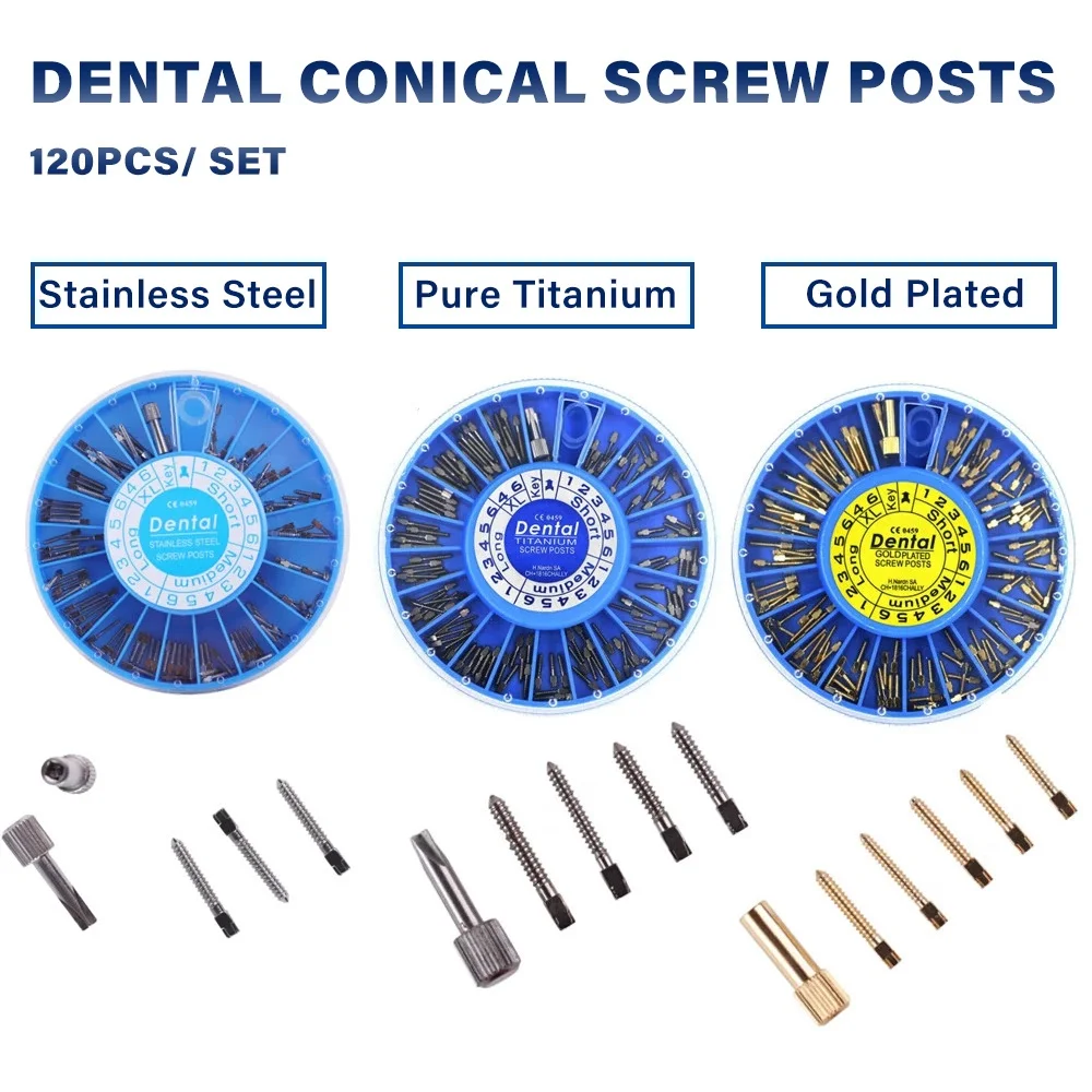 Kit di ricarica per perni a vite conici dentali in acciaio inossidabile assortiti materiali dentali per denti120 pezzi/confezione impianto dentale