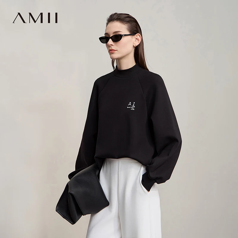 AMII femme sweats 2025 automne nouveau Semi-col roulé haut brodé femmes à manches longues tricot polyvalent femme sweat 12523147