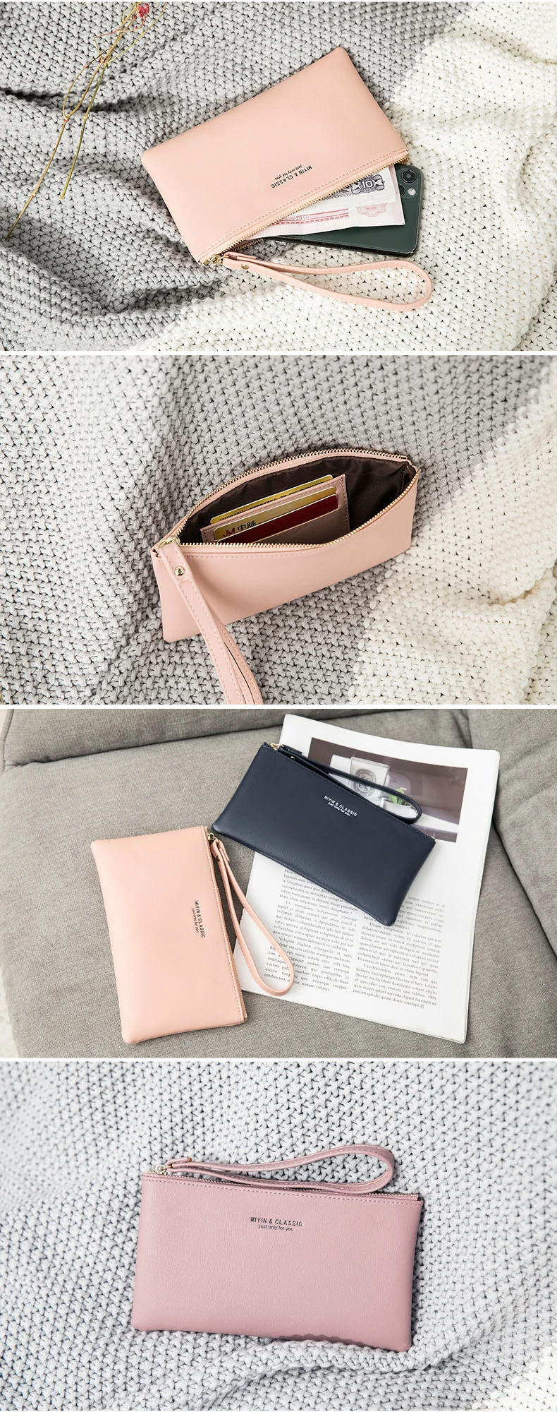 Neue minimalistische Geldbörse mit Reißverschluss, hochwertige PU-Leder Kreditkarten- und Handy-Aufbewahrungstasche, ultradünne Damen-Langbörse, Handtasche – Detail 8