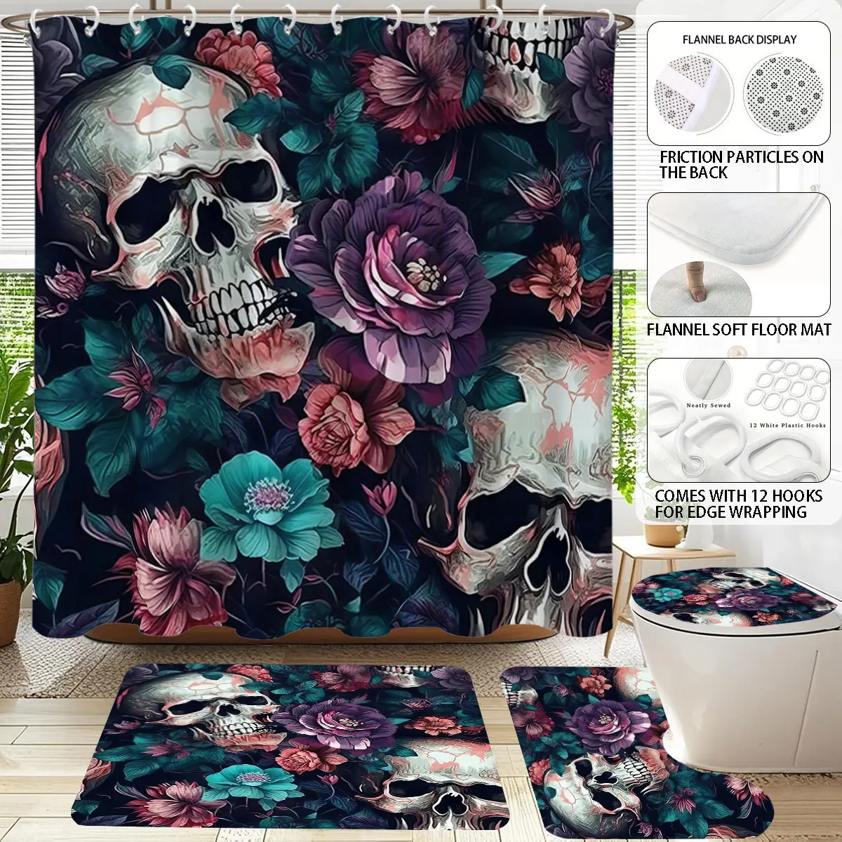Halloween Decor Shower Curtain Set Gothic Skull Pop Art Print Quick-dry Durable Waterproof Bath Curtain, 12 Hooks 3pcs Floor Mat