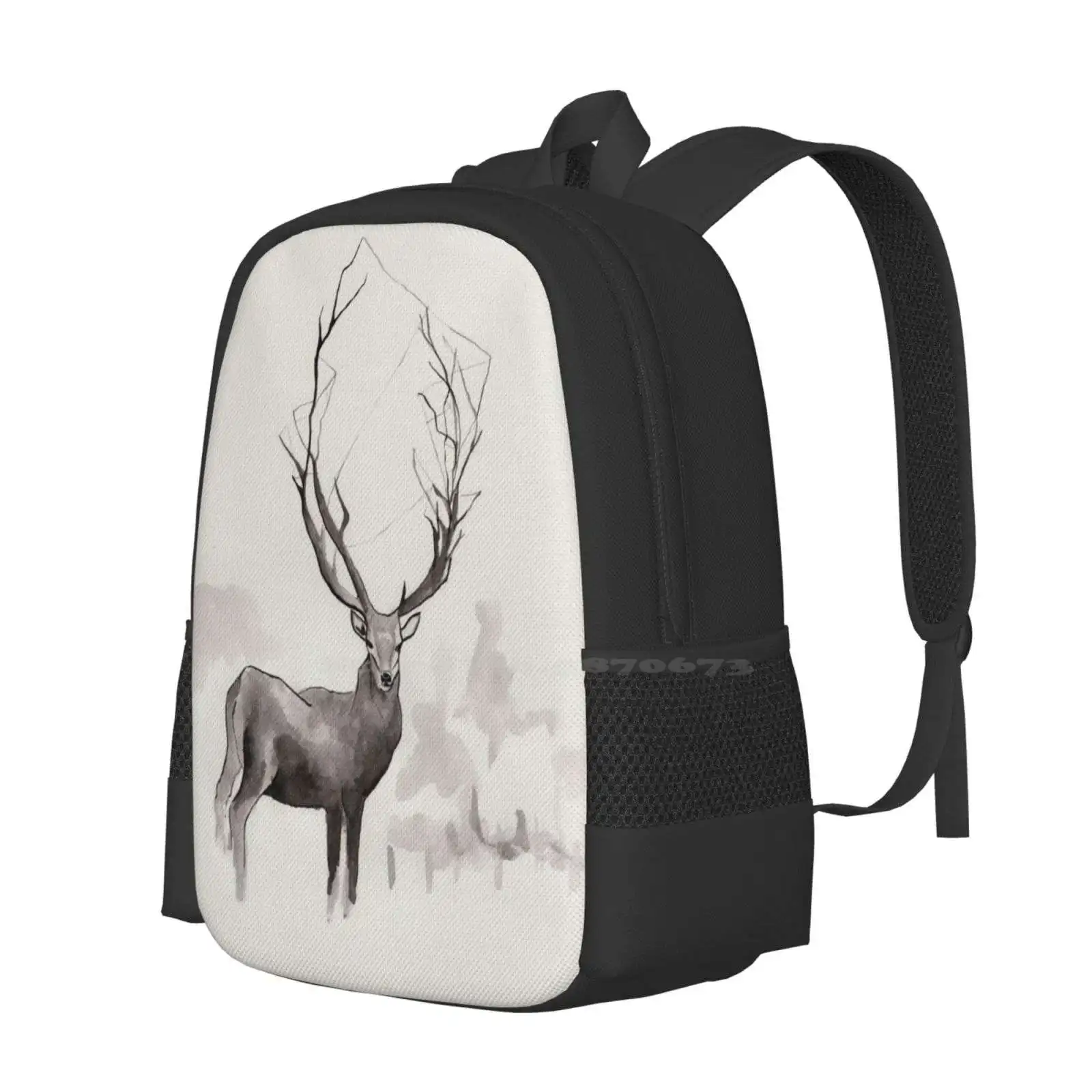 Art Illustration-Deer In The Fog Teen College Student Backpack Pattern Design Bags Deer Fog Winter Holidays Animal Ink Fine Art